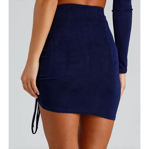 Windsor L Blue Ruched Tie Up Textured High Rise Mini Skirt - Picture 3 of 8